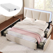 Letto matrimoniale imbottito 160x200 cm con LED; 4 cassetti e testiera regolabile; beige