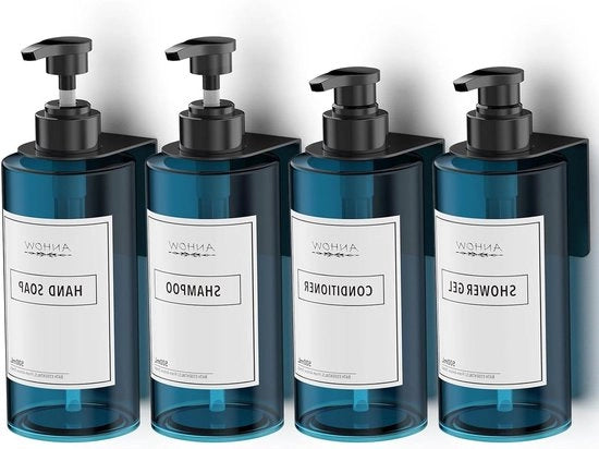 Set di 4 dispenser di sapone da parete 500 ml - flaconi vuoti con pompa e etichette senza forare per cucina e bagno, blu