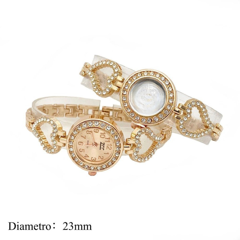 Trade Shop - Orologio Da Polso Donna Elegante Oro Cuori Con Cristalli Quadrante Oro 23 Mm -