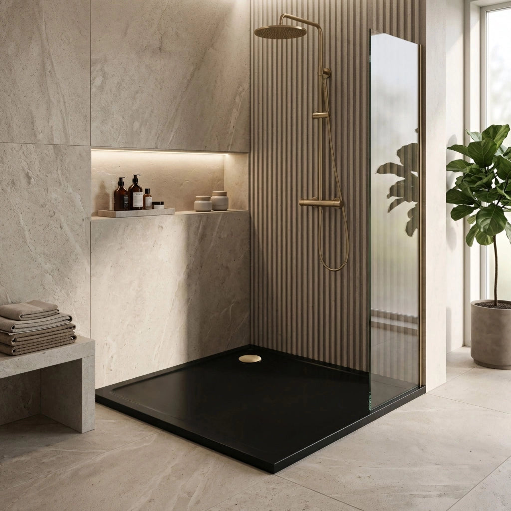 Piatto Doccia Acrilico Rea Savoy Black 90x90 Copertura oro spazzolato