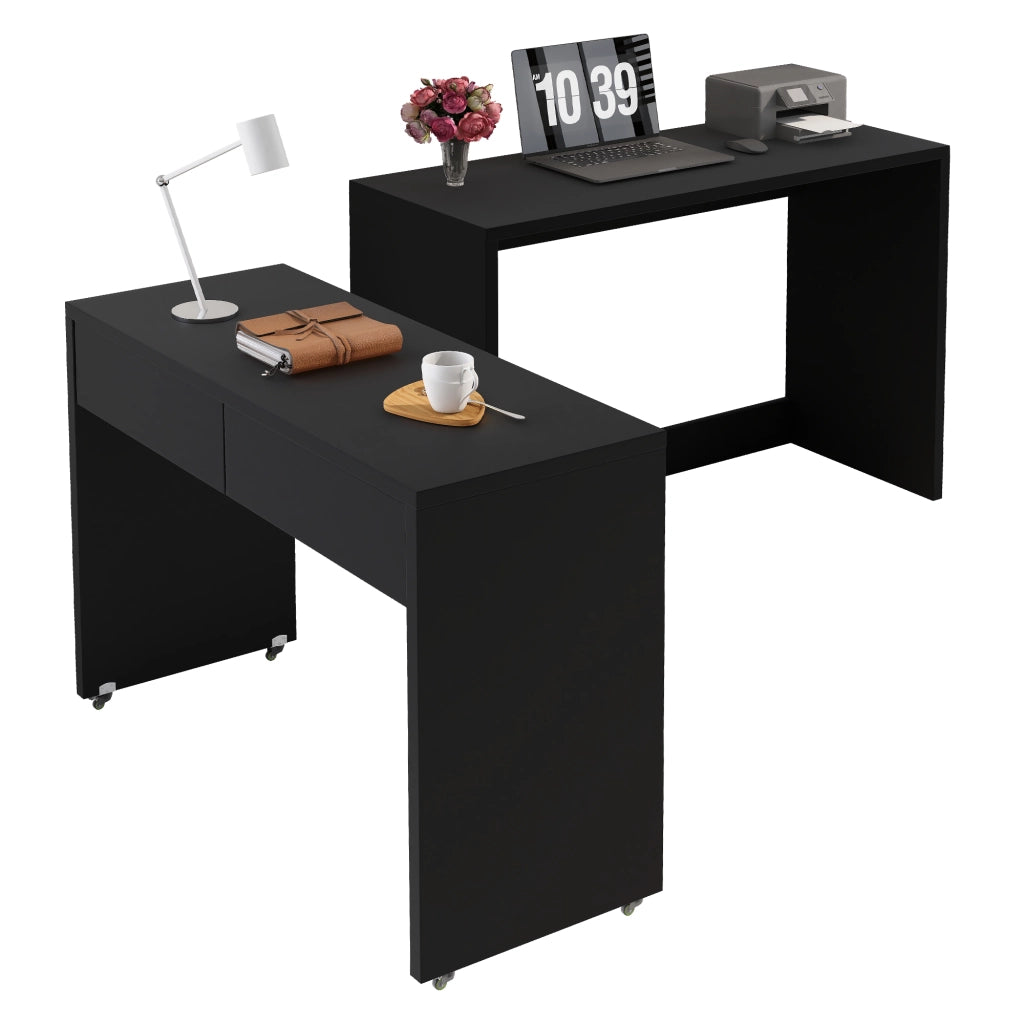 Scrivania pieghevole 2 in 1 con ruote e 2 cassetti, 110×40×78 cm, colore nero