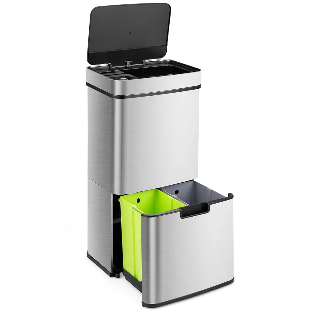 Pattumiera da 72 l, 4 scomparti, con sensore di movimento, pattumiera da cucina in acciaio inox, pattumiera a pedale con coperchio delicatamente chiuso e rimane aperto, cestino per la cucina