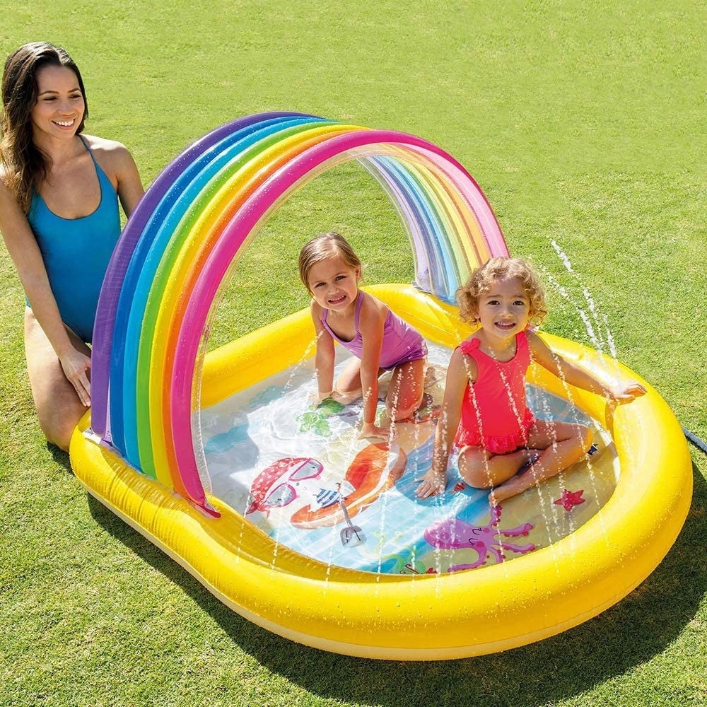 Trade Shop - Piscina Gonfiabile Baby 2+anni Arcobaleno 147x130x86cm Con Spruzzi Parasole 57156 -