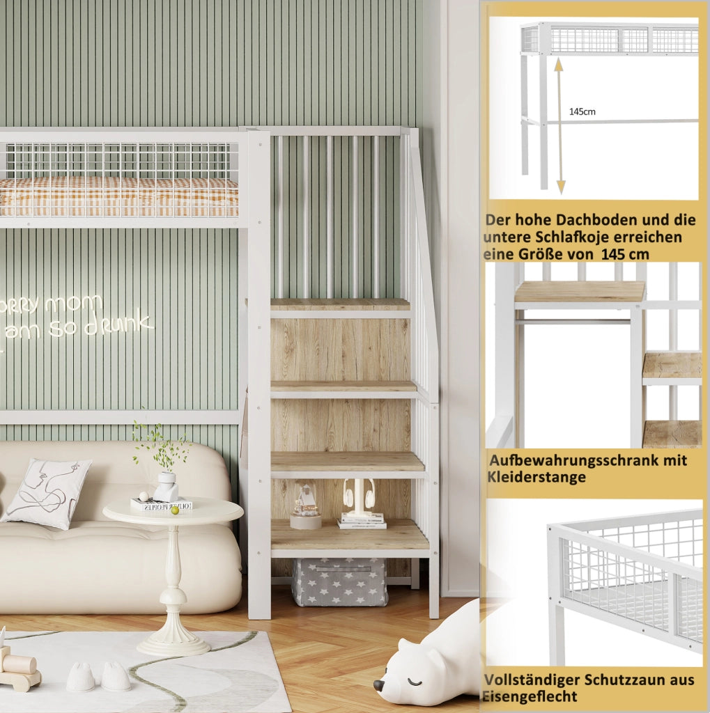 Letto a soppalco per bambini 90x200 cm bianco con armadio