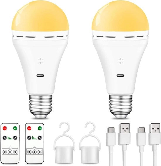 Lampada a LED Ricaricabile con Controllo a Distanza - 7W Lampada USB C Batteria - Lampada a LED a Controllo Tattile Regolabile - Lampada da Campeggio Lampada di Emergenza con Gancio - Lampada Multifunzione E27 Intelligente - 3000k/2 pezzi