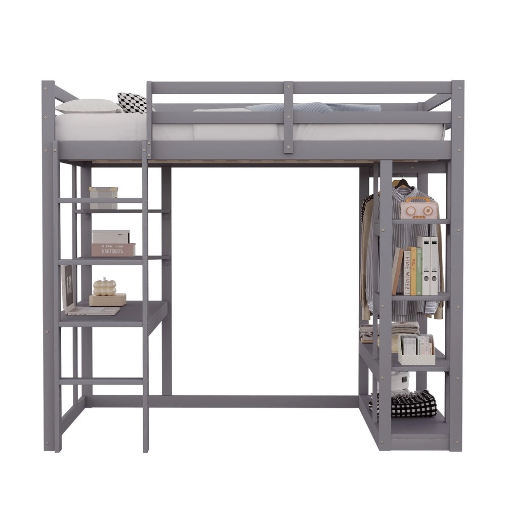 Letto a Soppalco con Scrivania e Ripiani ¨C MINIMAL ¨C Legno Massello Grigio 140x200