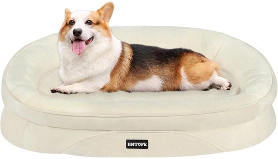 Letto per cani ortopedico, canile quadrangolare con cuscino per collo, fondo antiscivolo, rimovibile e lavabile, per cani piccoli e medi, dimensioni 90 x 71 x 15 cm, colore beige