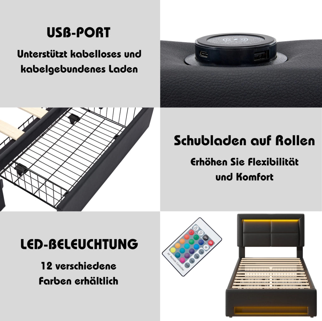 Letto imbottito 90x200 cm in PU nero con USB; illuminazione LED e 4 cassetti