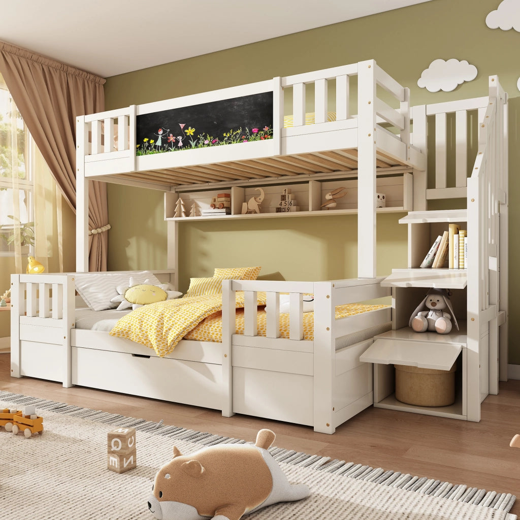 DESMIU Letto a castello per bambini 90 × 200 e 140 × 200 cm con lavagna, cassetti, senza materasso, legno bianco