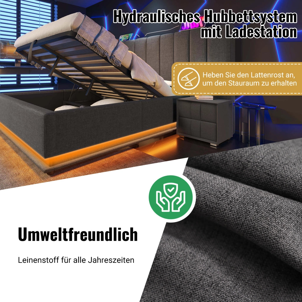 LETTO Contenitore 180x200 cm Grigio in lino con LED e ricarica USB-C