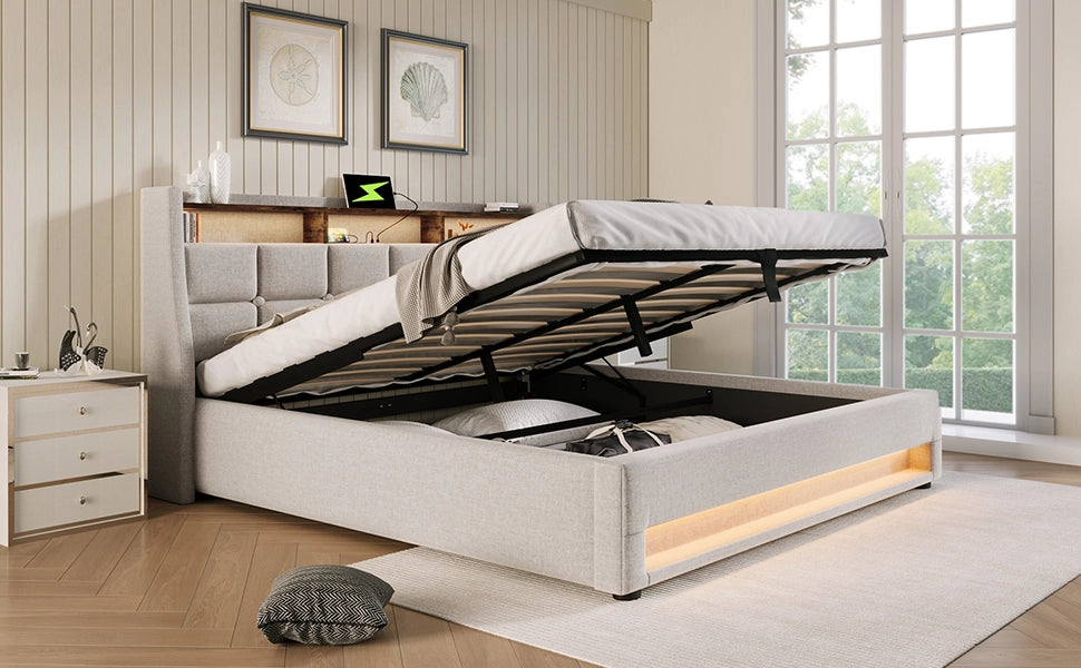 DESMIU Letto contenitore 140 × 200 cm 2 posti con USB, LED, vano letto e materasso, in lino, beige