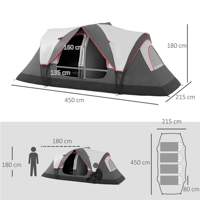 TENDA DA CAMPEGGIO 6 POSTI CON 2 STANZE SEPARATE POLIESTERE E FIBRA DI VETRO 450X215X180 CM GRIGIO