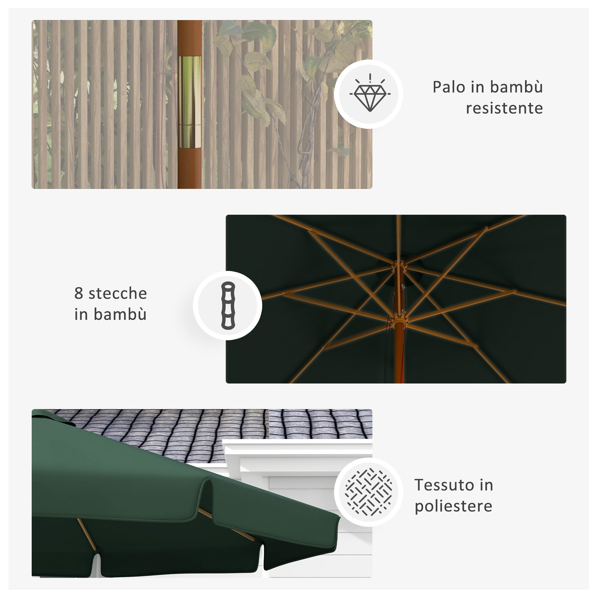 Ombrellone da Giardino Ø325x250 cm in Bambù e Poliestere Verde