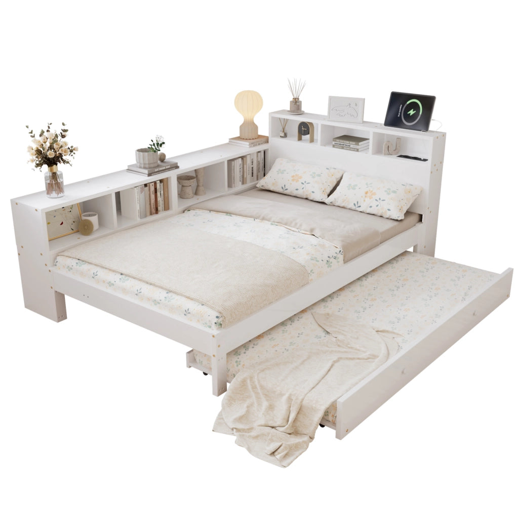 Letto in legno 120x200 cm con letto estraibile; mensola laterale e ricarica; bianco