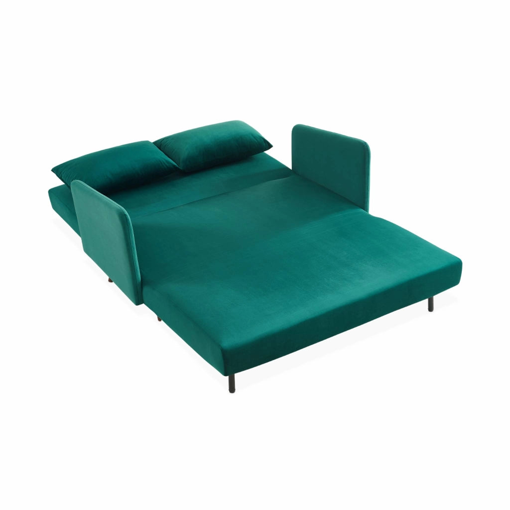 Divano letto in velluto con gambe in legno, 2 posti, verde