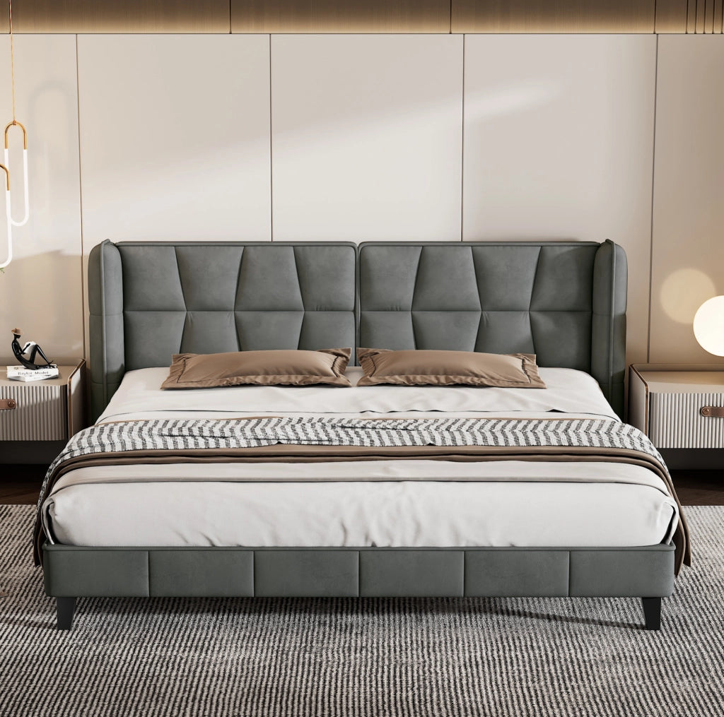 Letto imbottito in velluto grigio con rete a doghe 180 x 200 cm