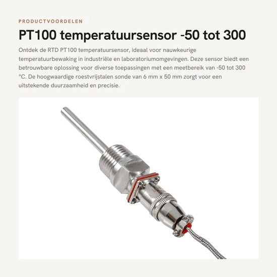 Sensore di temperatura PT100 - Misurazione precisa - Sonde in acciaio inossidabile 6 mm x 50 mm - 1/2 NPT connessione a vite - 2 m di cavo - Temperatura di servizio -50 a 300 °C - Sonde di temperatura