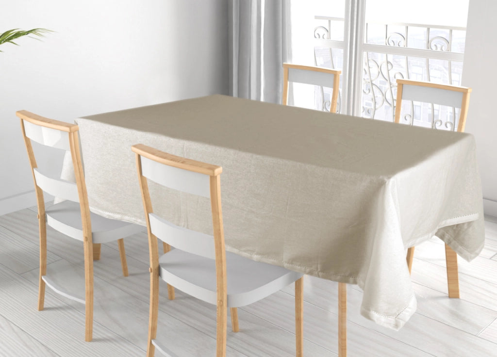 Tovaglia Cucina Soggiorno In Cotone Con Orlo A Giorno In Tinta Unita Ajour - 140x240cm - Beige Melange
