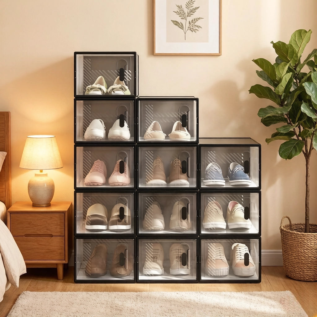 Scarpiera modulare in plastica con 12 box impilabili per scarpe, per camera da letto e bagno, nero trasparente