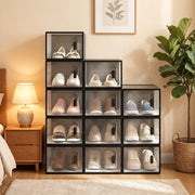 Scarpiera modulare in plastica con 12 box impilabili per scarpe, per camera da letto e bagno, nero trasparente