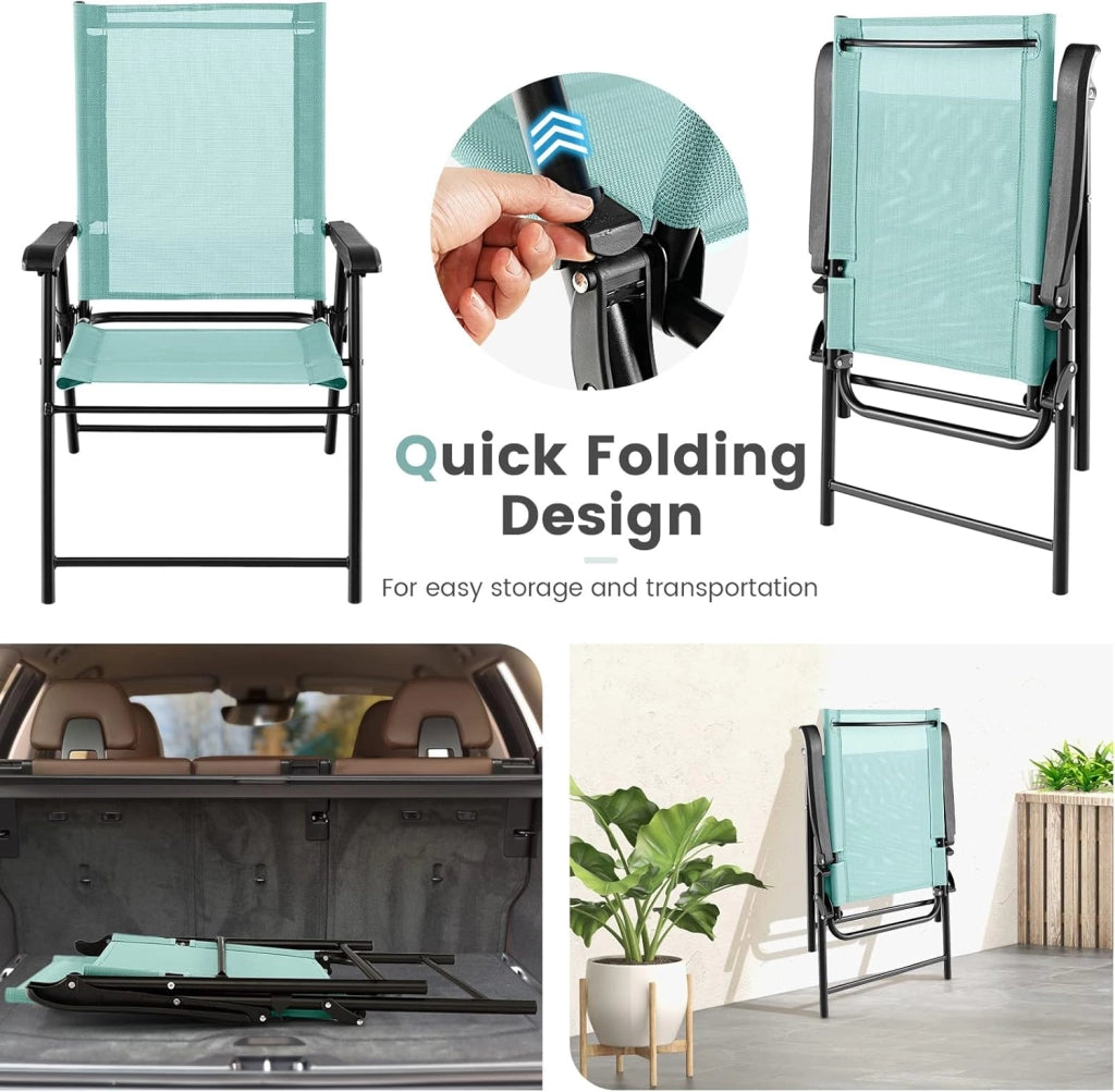Set di 2/4 sedie pieghevoli da giardino, sedie in tessuto con schienale alto e braccioli, poltrone da balcone con telaio in metallo, portata 150 kg, 65 x 60 x 93 cm (verde x 4)