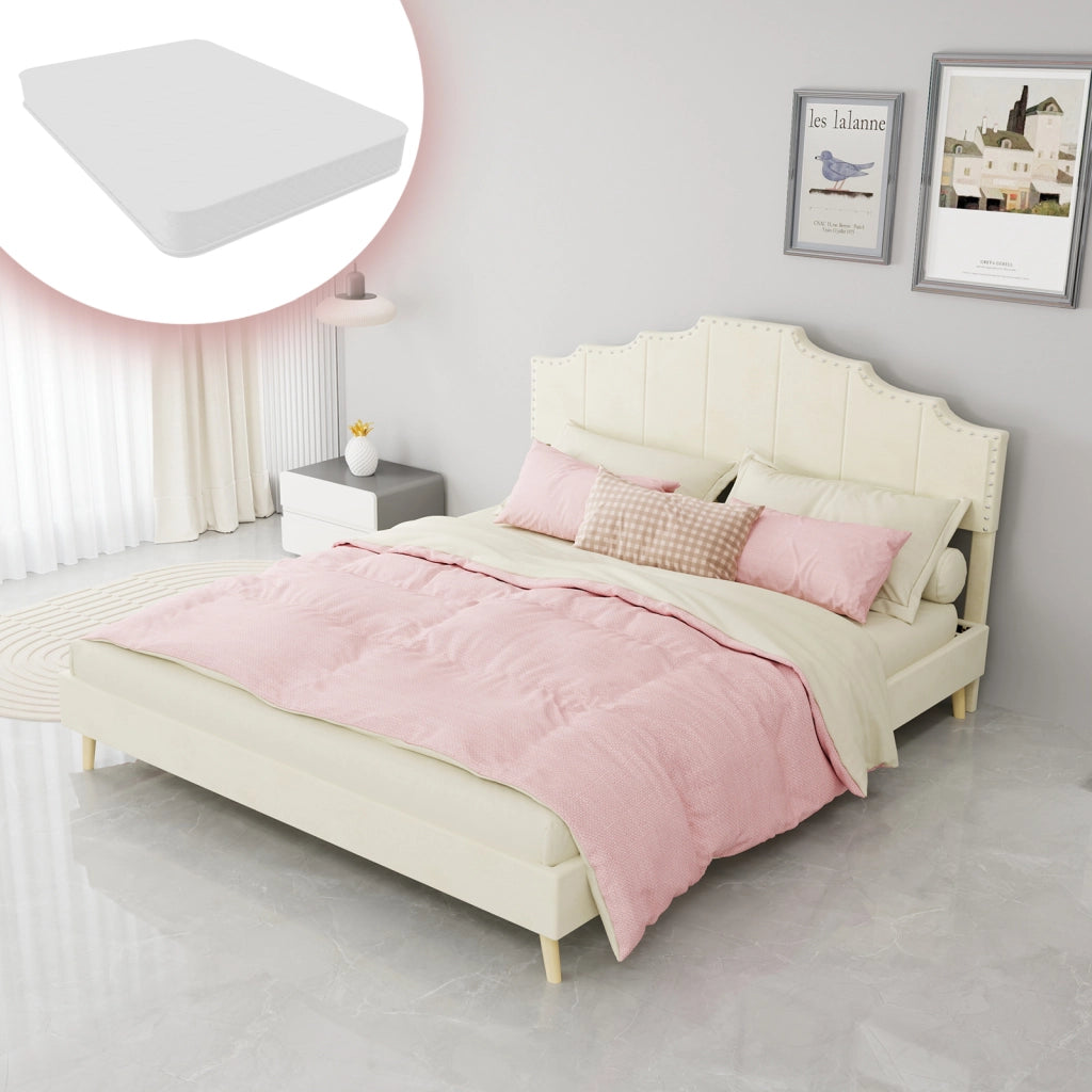 Letto matrimoniale 160x200 cm beige con testiera geometrica imbottita e materasso