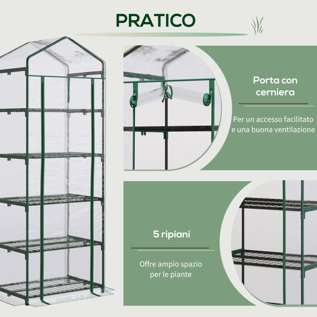 EasyComfort Mini Serra da Giardino e Terrazza per Piante a 5 Ripiani in Acciaio con Copertura in PVC, 69x49x193 cm, Verde