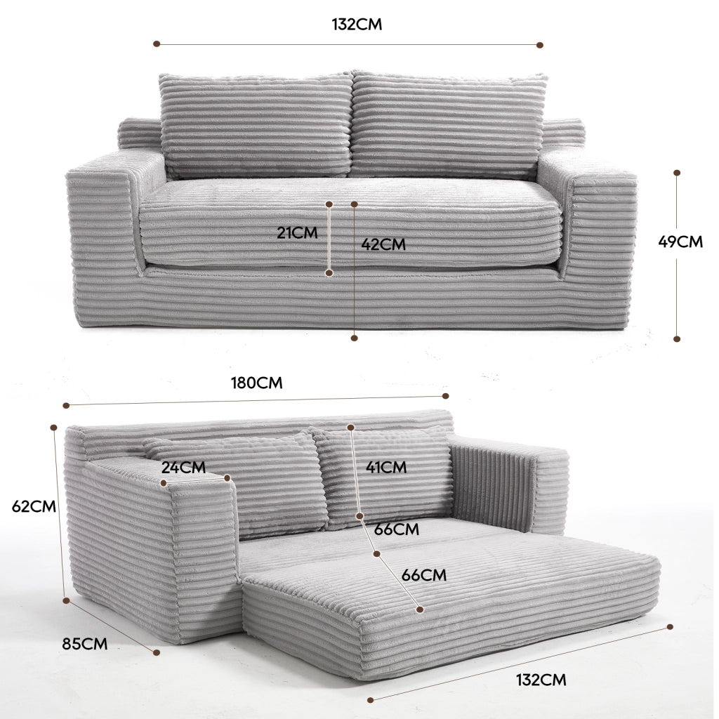 Divano letto compatto 2 in 1 in tessuto a coste grigio chiaro con schiuma memory
