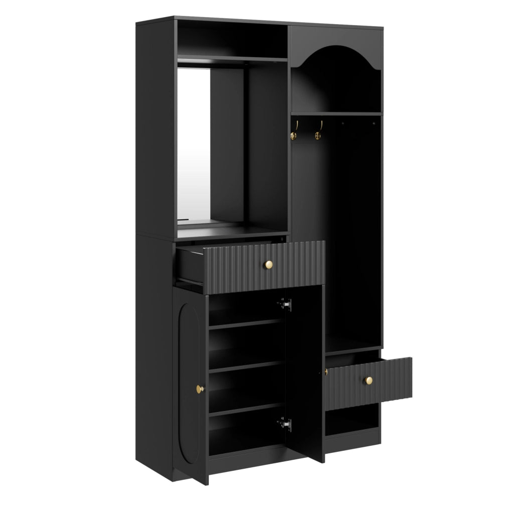 Mobile guardaroba ingresso 100x35x180 cm in MDF nero con specchio， panca e LED