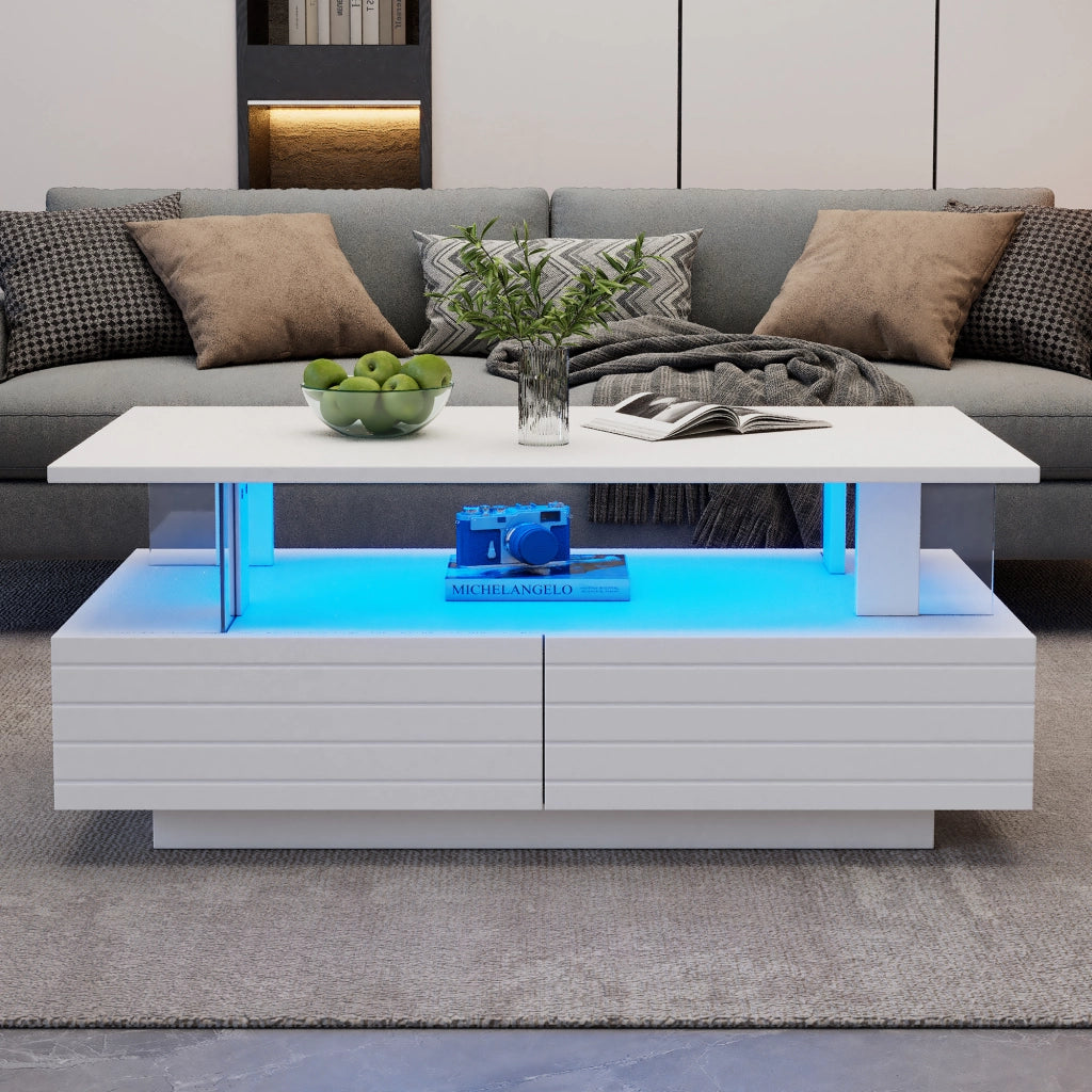 Tavolino da caffè con 2 cassetti; LED - per soggiorno - 100×50×42 cm - bianco