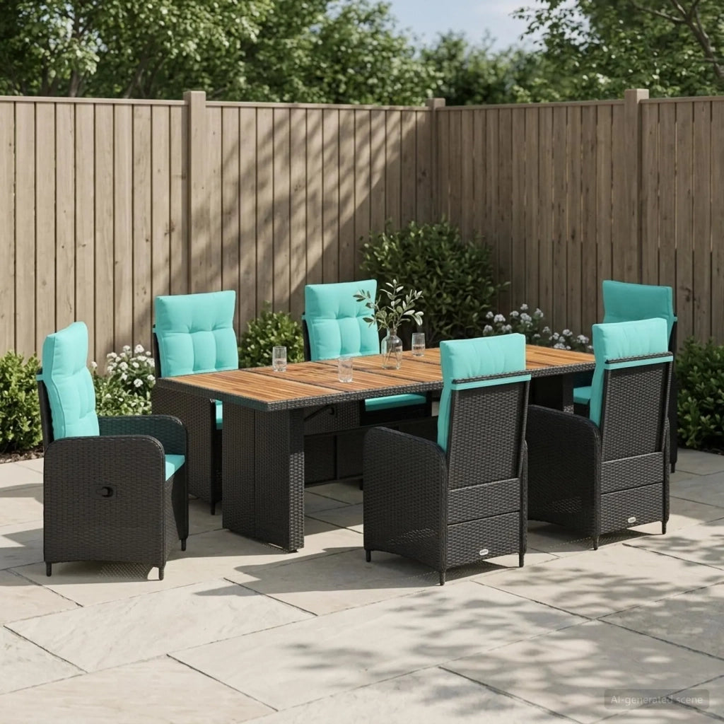 Set da pranzo per esterni 7 pz Nero e Turchese polyrattan 3422376