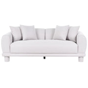 Divano a 3 posti in tessuto grigio chiaro con cuscini decorativi extra e gambe rivestite stile retrò-moderno