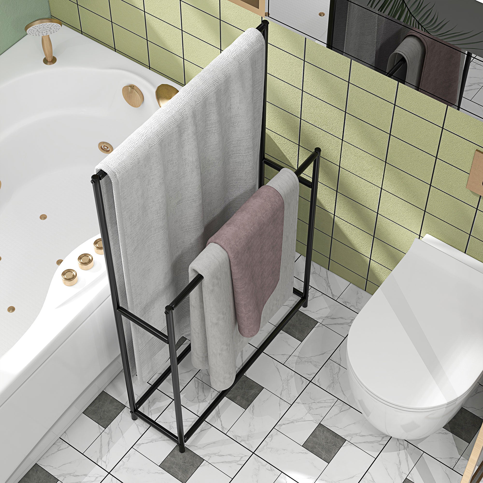 Portasciugamani da Terra a 2 Bracci Autoportante 66x20x110 cm in Metallo Nero