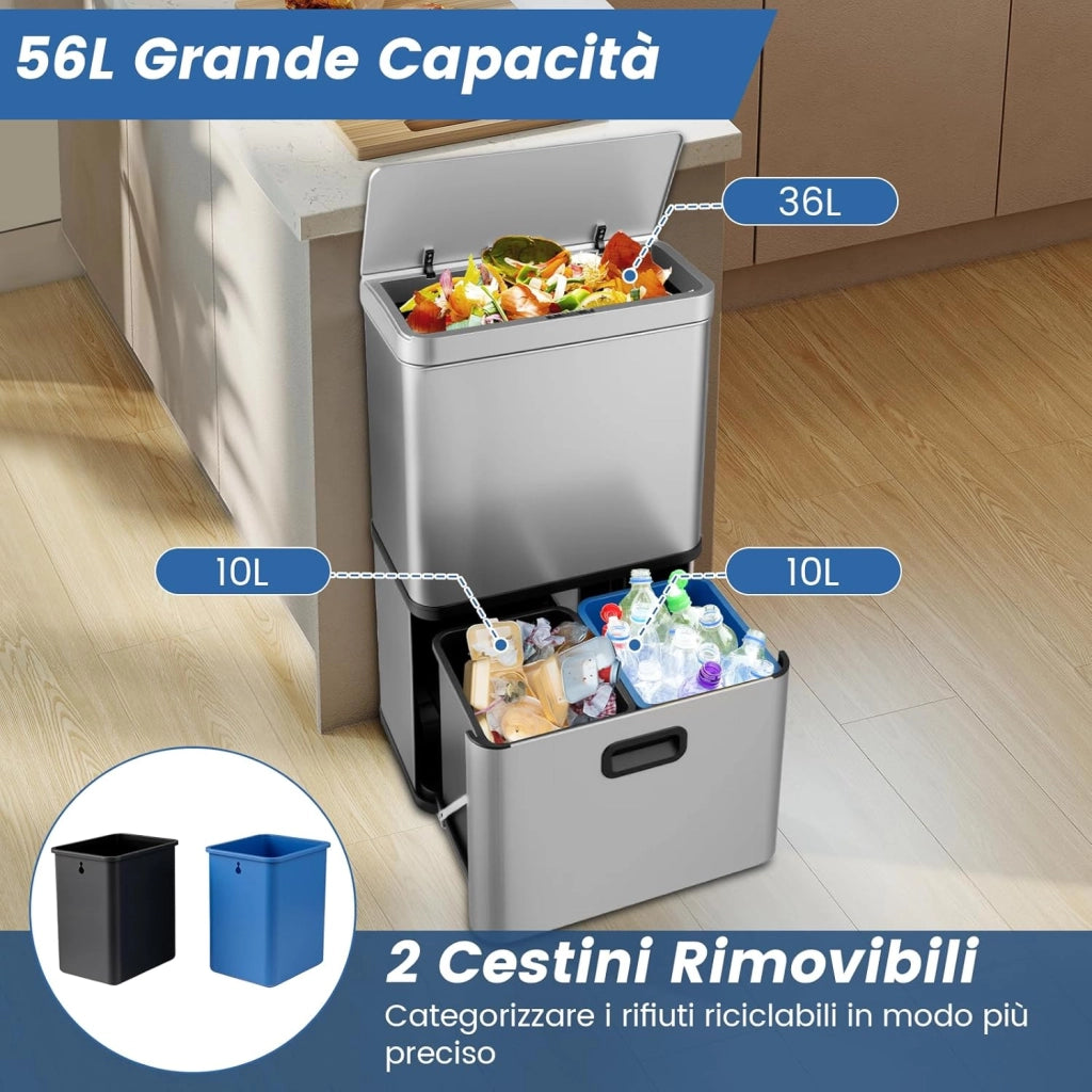 56L Pattumiera Differenziata, Pattumiera in Acciaio Inossidabile a 3 Scomparti con Coperchi, Sensore di Movimento, Coperchio a Chiusura Lenta per Cucina Soggiorno Ufficio (Argento)