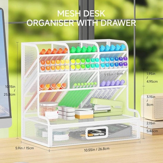 Organizzatore di scrivania, 9 cassette, penne e luce, contenitore per penne, ripiano di metallo, penne e organizzatore di scrivania per scuola, casa e ufficio (bianco)