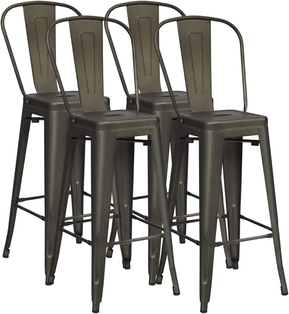 Set di 4 sgabelli da bar in stile industriale vintage, sedie da bar stabili in metallo con schienale alto e poggiapiedi confortevole, altezza 76 cm, adatto per bar, caffè, bistrot