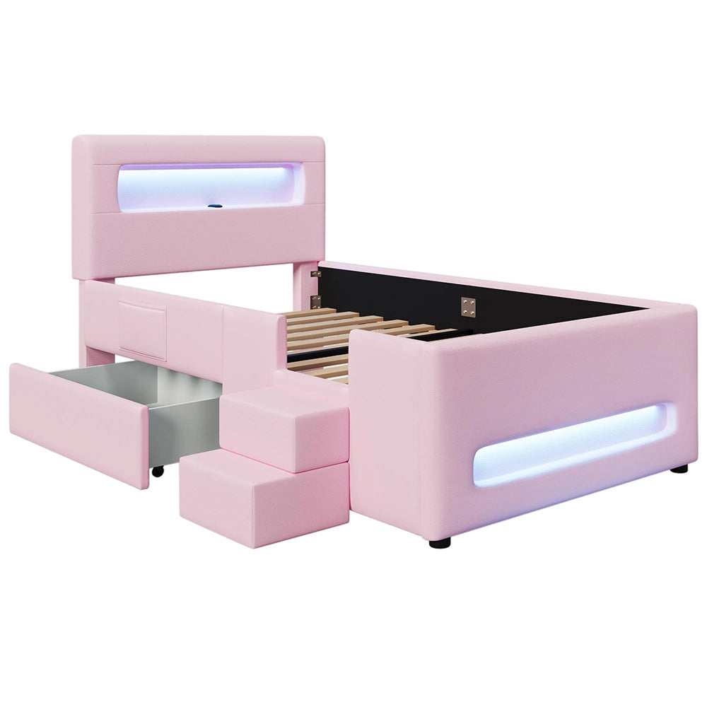 Letto imbottito 90x200cm?- Xylo - scala LED 2 cassetti rosa