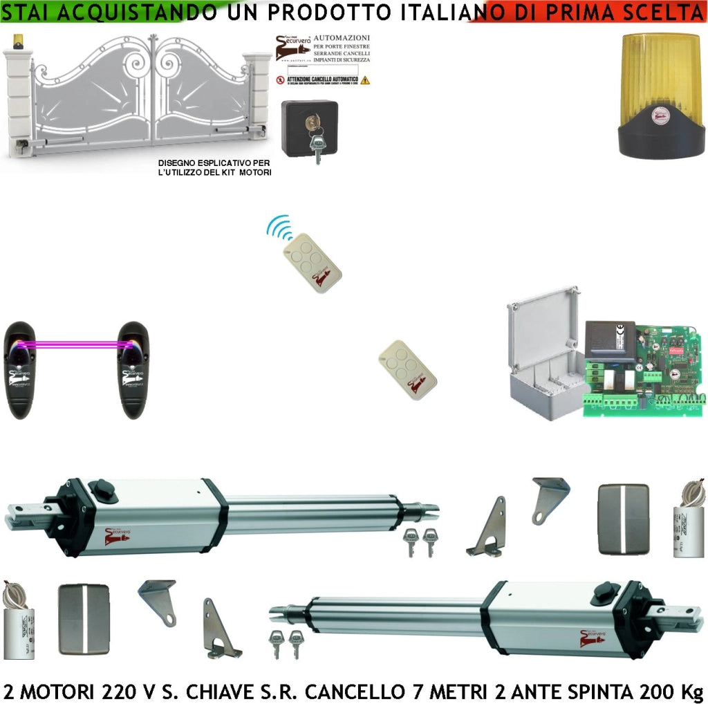 Apricancello da 7 Metri 2 Ante da 3,5 Metri 2 Motori Elettromeccanici 230 V Stelo Retrattile Autobloccante Corsa 600 mm Spinta 250 Kg Centrale di Comando Incorpora Radio Fotocellule 2 Radiocomandi