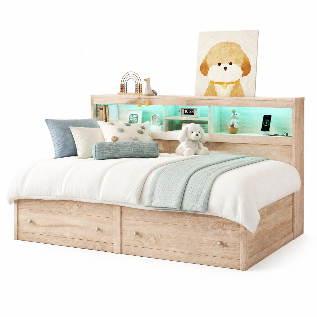 Letto daybed 90x200 cm con LED; 2 USB; 2 prese e 2 cassetti; naturale