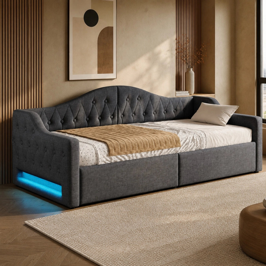 LETTO Giorno 90x200 cm Grigio con LED e contenitore