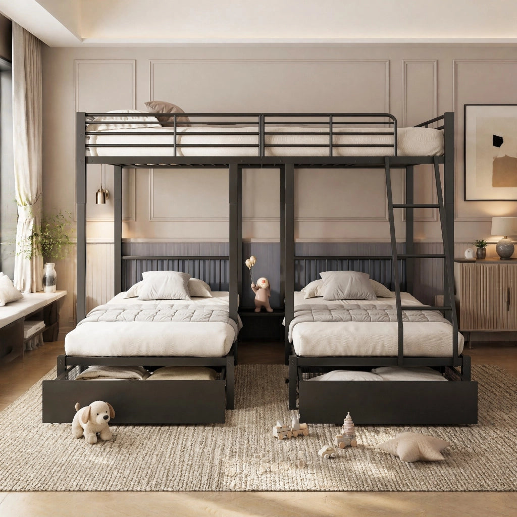 Letto a castello triplo trasformabile con cassetti; 140x200 cm + 2 letti 90x200 cm; metallo nero