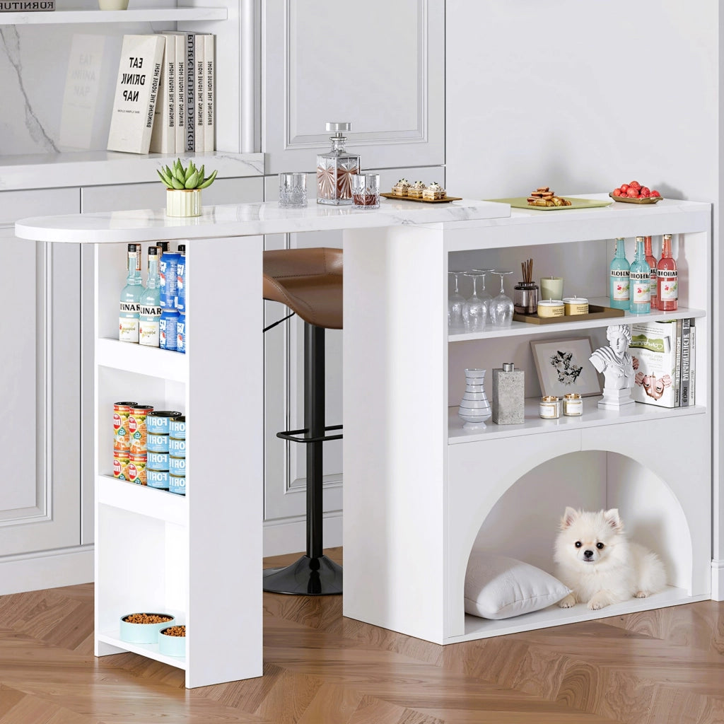 Tavolo allungabile per 2-4 persone con 2 vani aperti e spazio per animali design moderno effetto marmo in MDF bianco