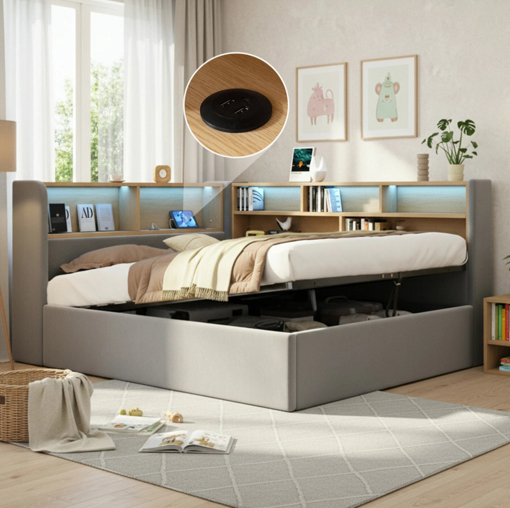 Letto imbottito 140x200 cm con contenitore idraulico; LED; USB e Type-C in velluto grigio