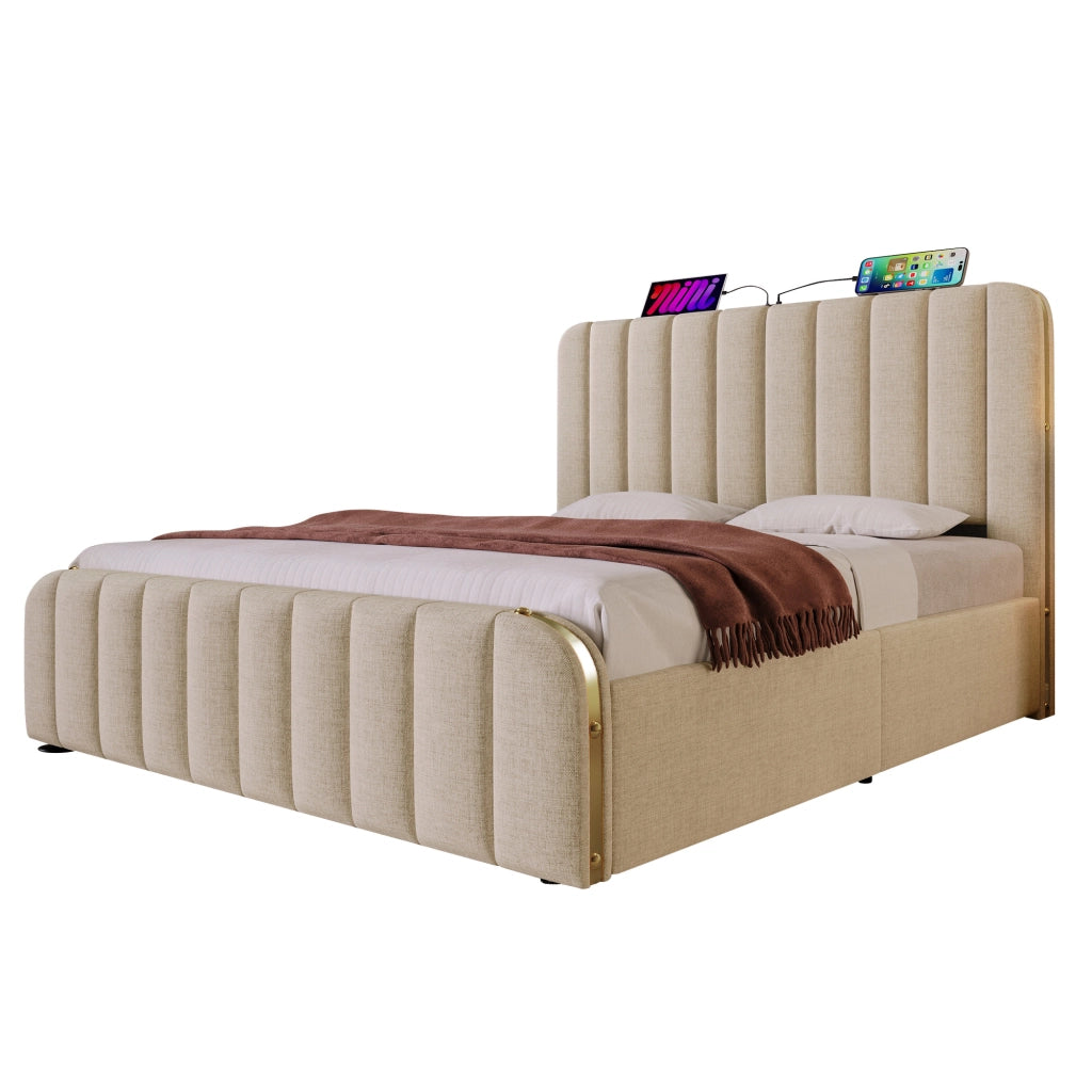 Letto matrimoniale in lino beige 140x190 strisce dorate USB Type-C sollevamento idraulico