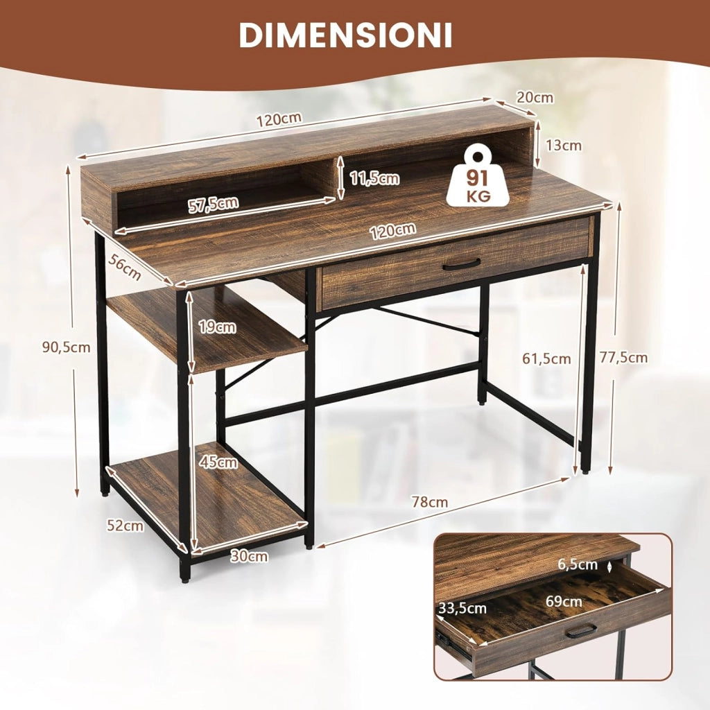 Scrivania con Cassetti, Supporto per Monitor e Ripiani Aperti, Scrivania Salvaspazio per Computer con Struttura in Metallo, Scrittoio per Studio e Ufficio, 120 x 56 x 90,5 cm, Marrone