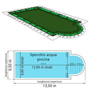 Copertura 13,50 X 6,50 M Invernale Standard Combi 240 Gr/m² Con Occhielli E Salsicciotti Per Piscine Rettangolari Con Scala Romana 12,00 X 5,00 M