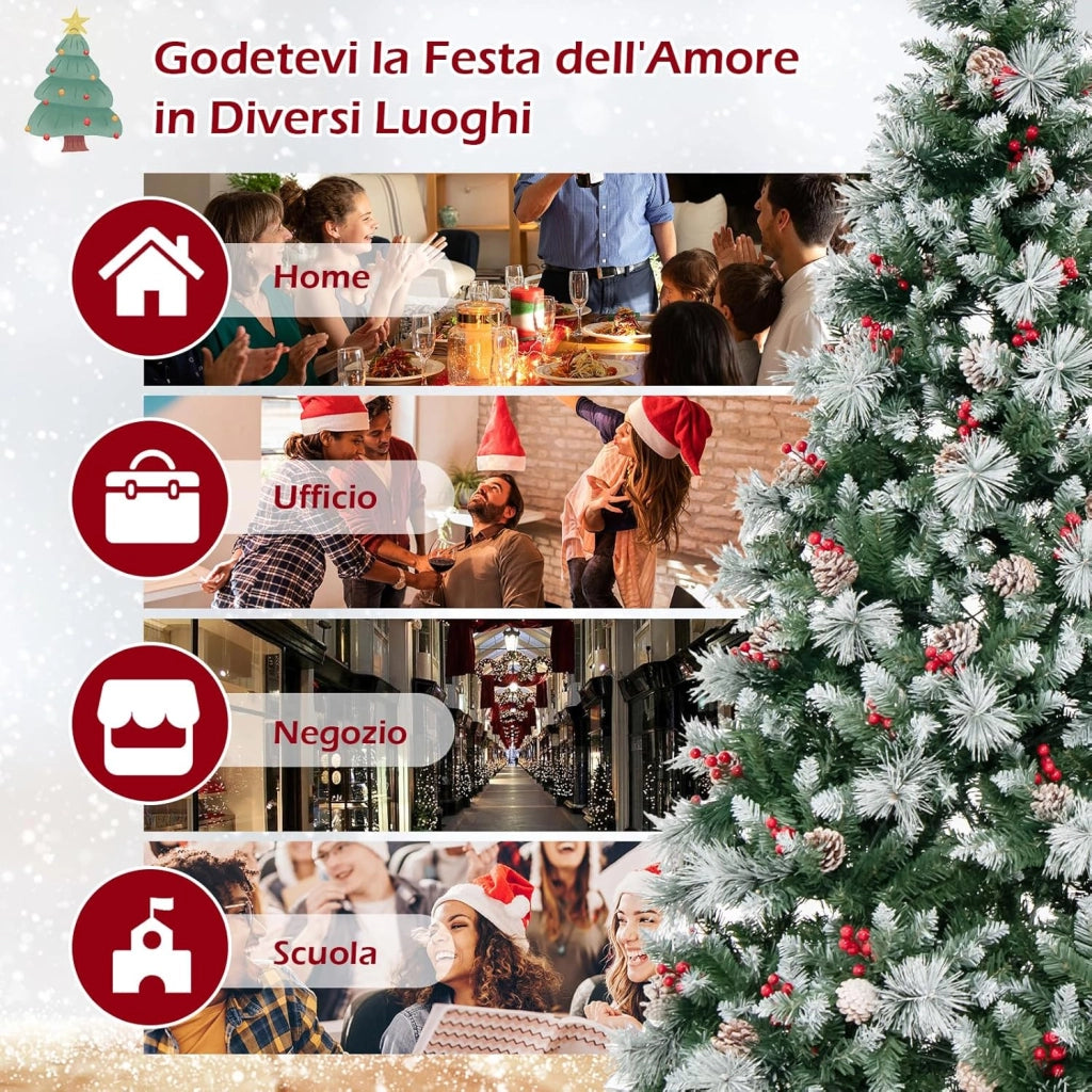 Albero di Natale Artificiale 185/215 cm Pre-Illuminato e Incernierato, con 747/1116 Punte, 350/400 Luci LED, 55/70 Pigne, 55/70 Bacche Rosse e 11 Modalità di Illuminazione (215 cm)