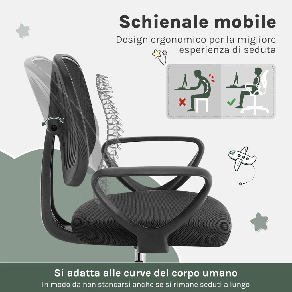 Sedia da Scrivania per Bambini, Sedia da Studio Girevole, Sedie Ergonomica con Ruote, Tessuto a Rete Traspirante, Sgabello Girevole con Schienale Regolabile Automaticamente, Nero, K0003BS