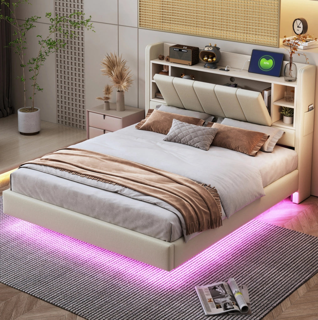 Letto matrimoniale imbottito 140x200 cm beige con LED; porta USB e contenitore nel testiera