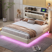Letto matrimoniale imbottito 140x200 cm beige con LED; porta USB e contenitore nel testiera